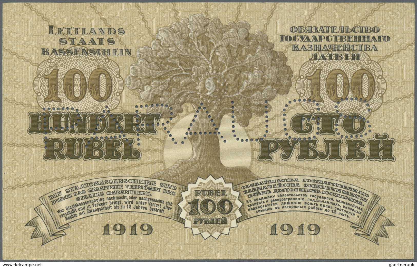 Latvia / Lettland: 100 Rubli 1919 Specimen P. 7fs, Series "U", Zero Serial Numbers, Front And Back P - Latvia