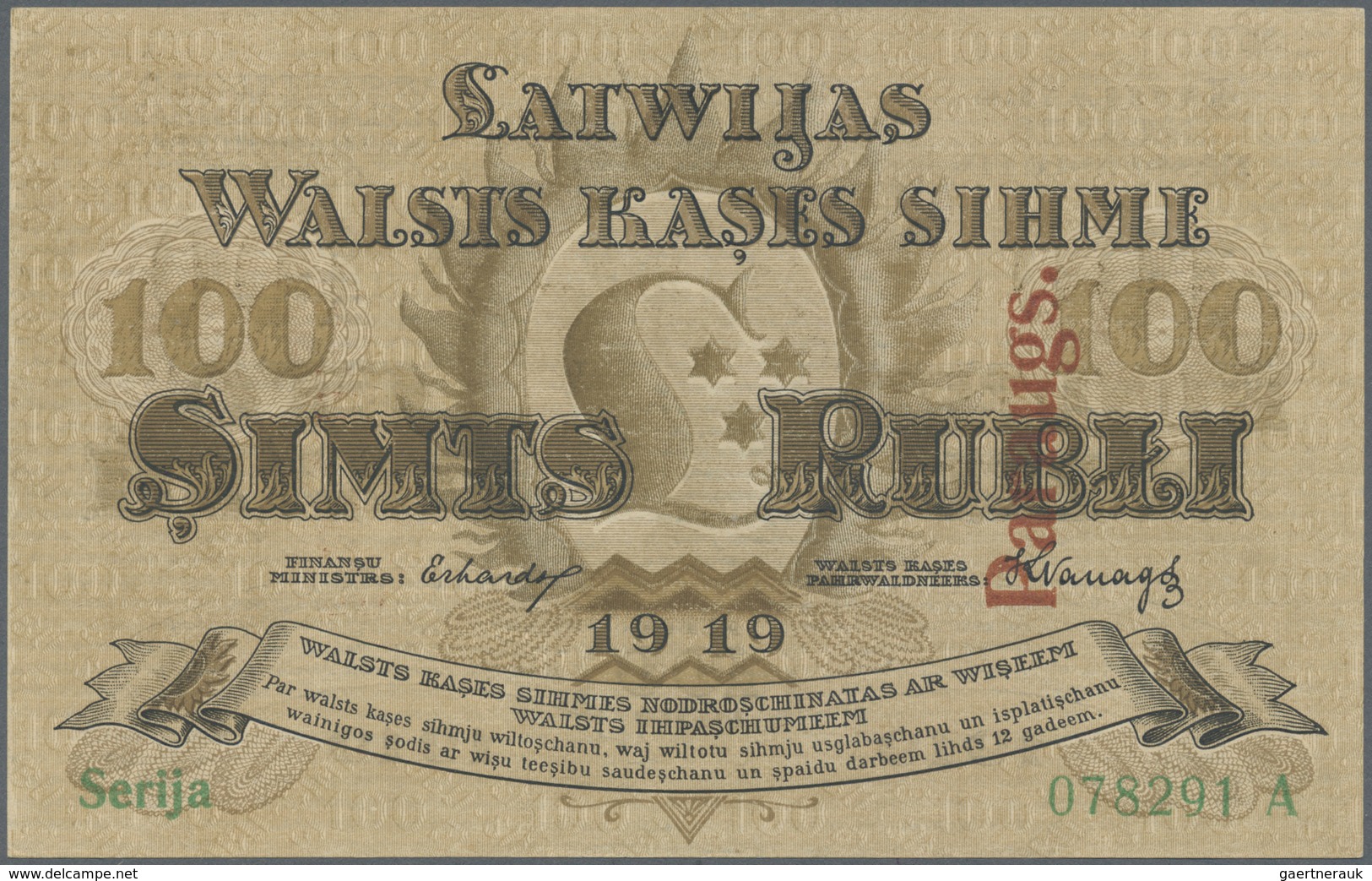 Latvia / Lettland: Rare SPECIMEN Note Of 100 Rubli 1919 P. 7s, Series "A", Sign. Erhards, With 2 Red - Lettonia