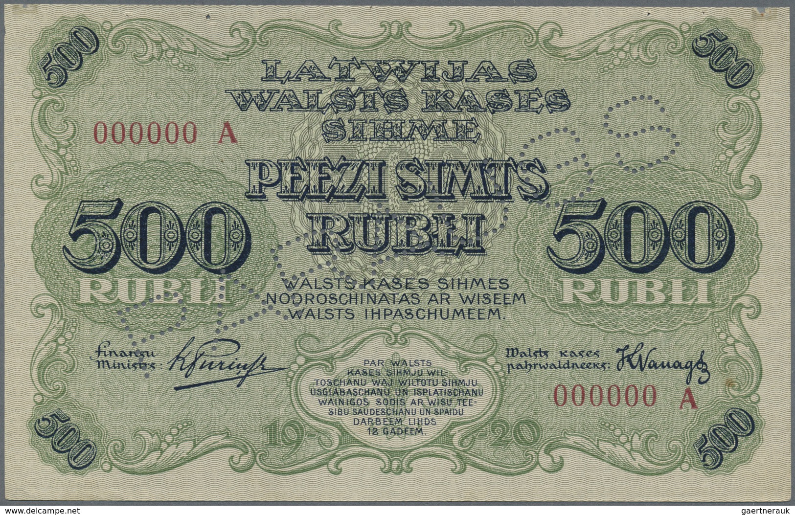 Latvia / Lettland: Rare SPECIMEN Of 500 Rubli 1920 P. 8as. Zero Serial Numbers, Serial Letter "A", P - Latvia