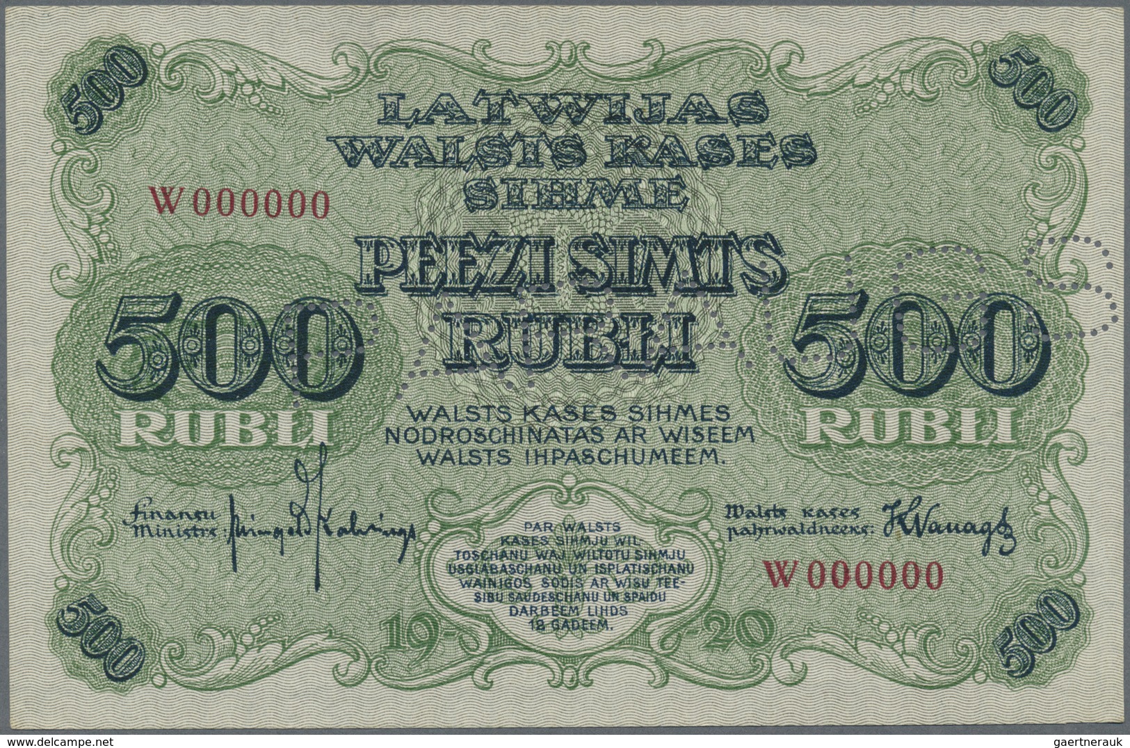 Latvia / Lettland: Rare SPECIMEN Proof Of 500 Rubli 1920 P. 8cs, Uniface Print Of The Front, Zero Se - Lettonia