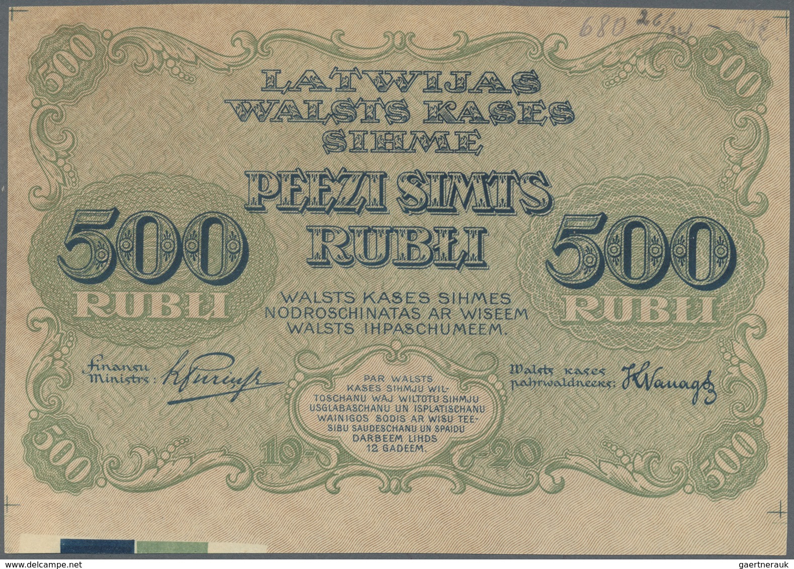 Latvia / Lettland: Rare PROOF Print Of 500 Rubli 1920 P. 8p, W/o Serial, Sign. Purins, Uniface Front - Lettonie