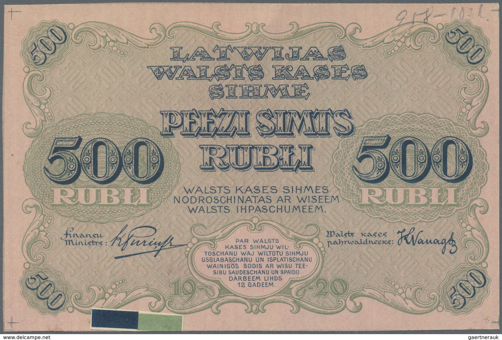 Latvia / Lettland: Rare PROOF Print Of 500 Rubli 1920 P. 8p, W/o Serial, Sign. Purins, Uniface Front - Latvia