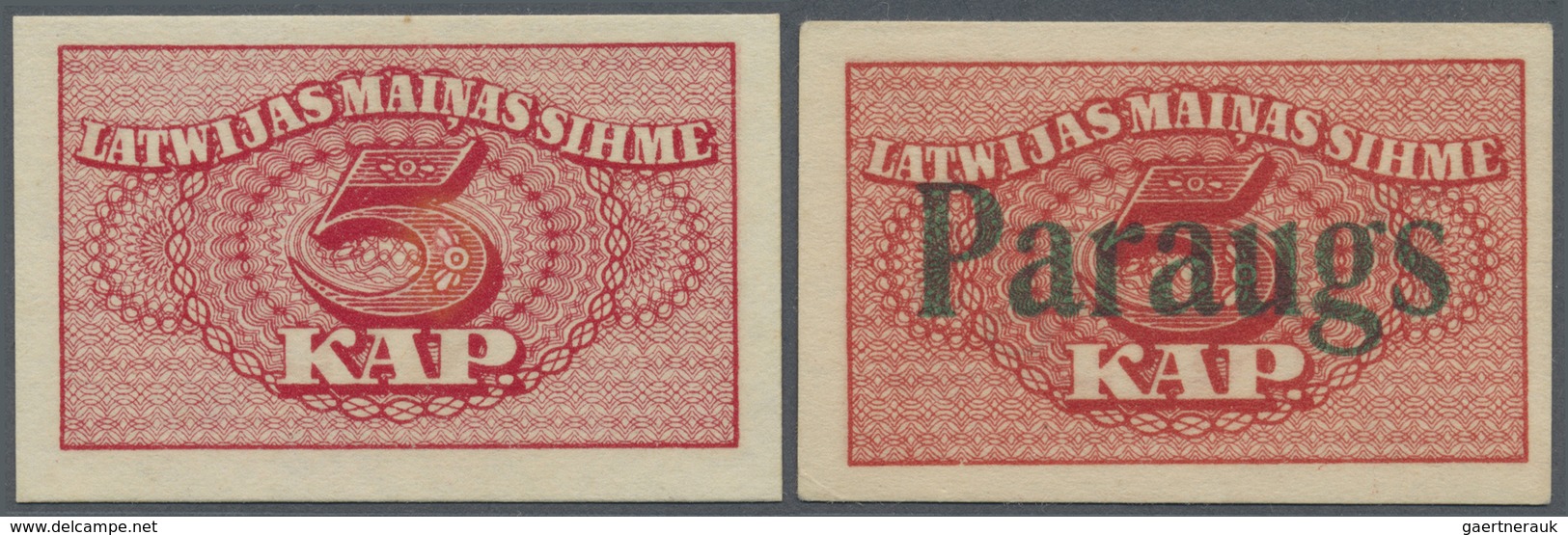 Latvia / Lettland: Set Of 2 Notes 5 Kap. 1920 As SPECIMEN And Regular Issue, P. 9s And P. 9, The Spe - Latvia