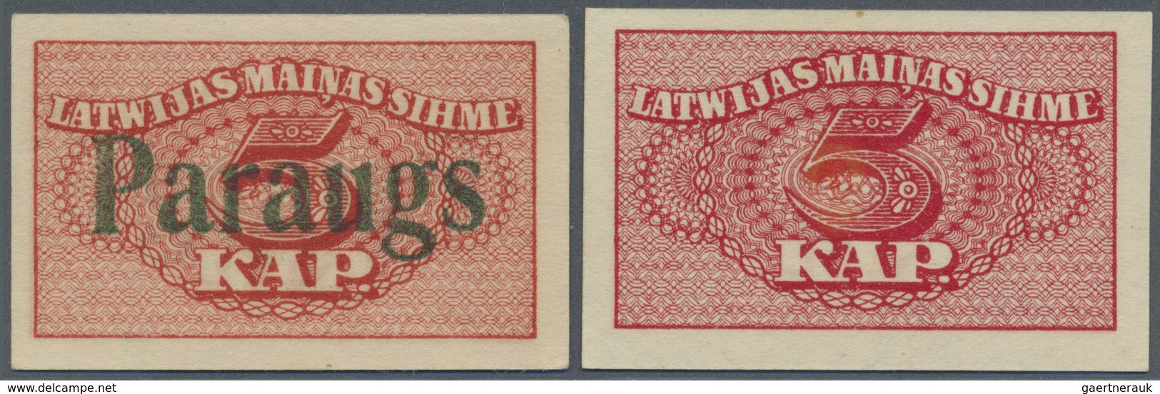 Latvia / Lettland: Set Of 2 Notes 5 Kap. 1920 As SPECIMEN And Regular Issue, P. 9s And P. 9, The Spe - Latvia