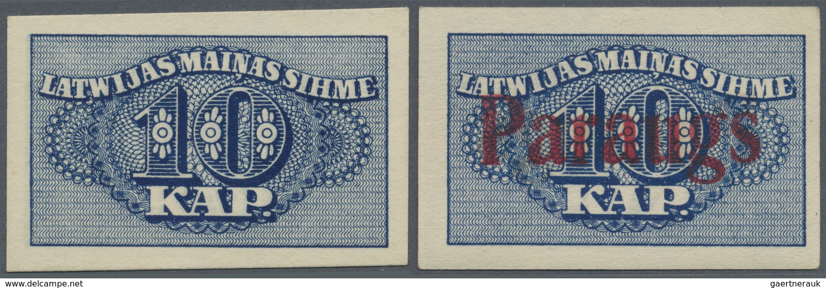 Latvia / Lettland: Set Of 2 Notes 10 Kap. 1920 As SPECIMEN And Regular Issue, P. 10s And P. 10, The - Latvia