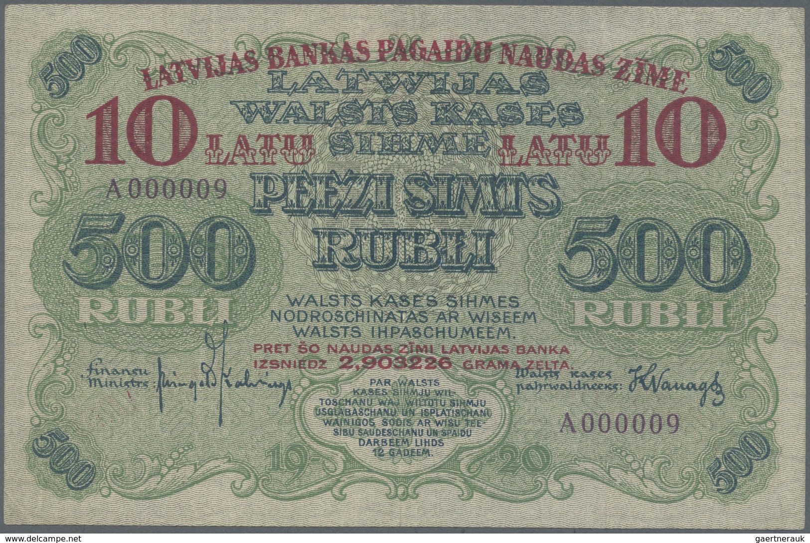 Latvia / Lettland: 10 Latu On 500 Rubli 1920 P. 13, Highly Rare With Very Low Serial #A000009, 9th E - Lettonia
