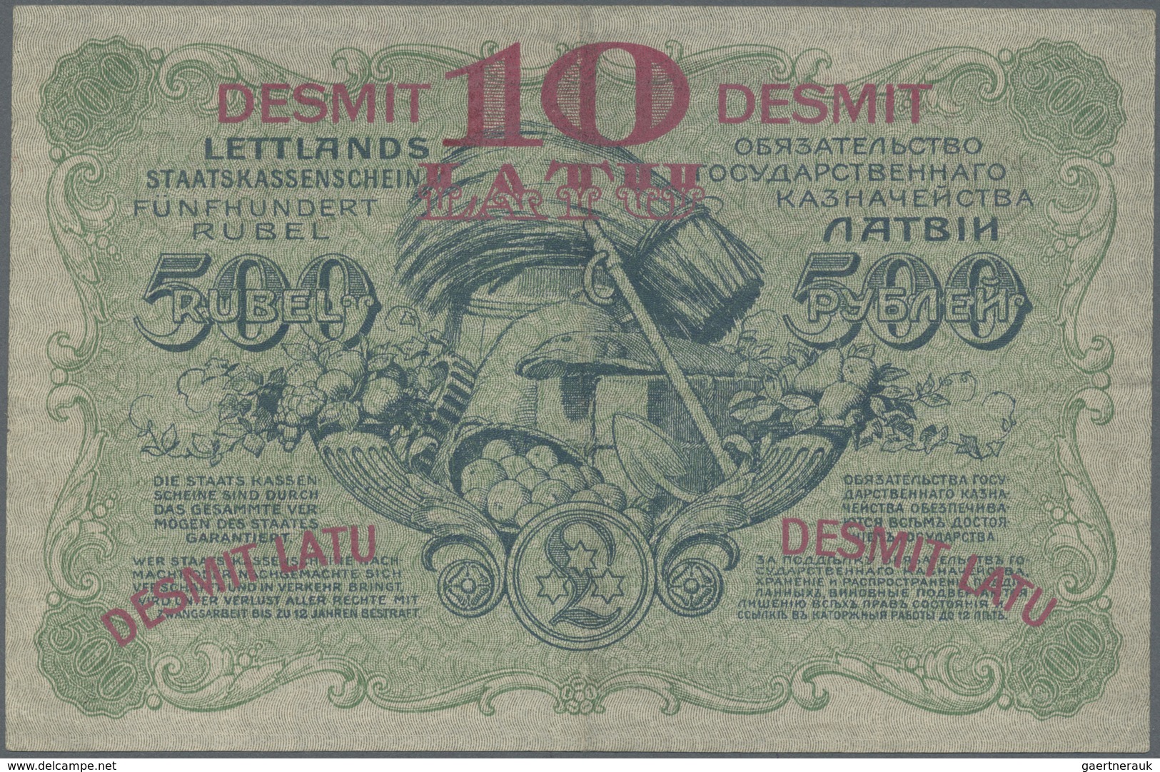 Latvia / Lettland: 10 Latu On 500 Rubli 1920 P. 13, Highly Rare With Very Low Serial #A000009, 9th E - Lettonie