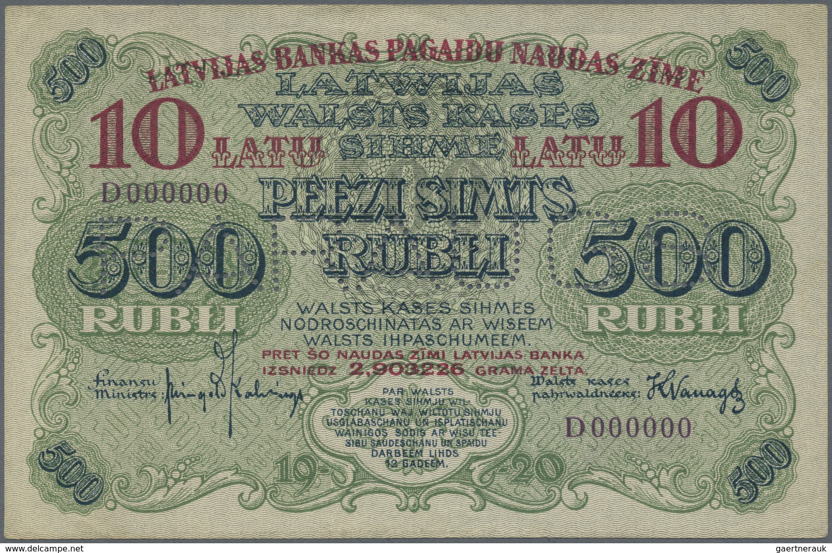 Latvia / Lettland: Rare SPECIMEN / Proof Print Of 10 Latu On 500 Rubli 1920 P. 13s/p Series "D", Uni - Lettonia