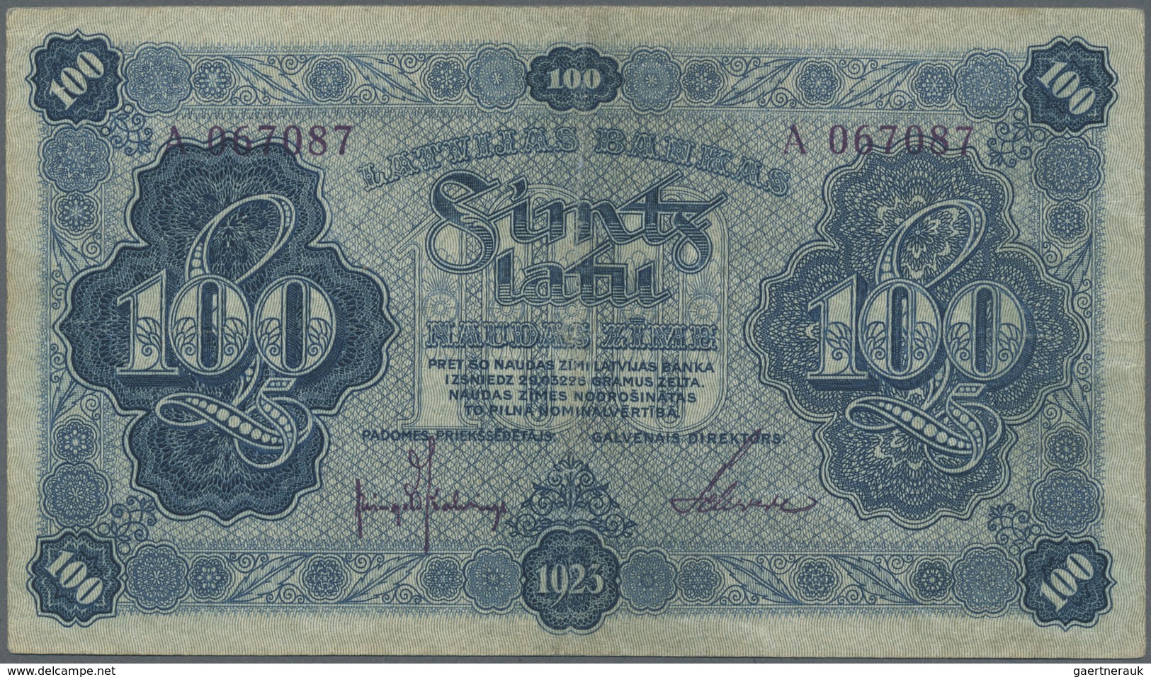 Latvia / Lettland: 100 Latu 1923 P. 14a, Series A, Sign. Kalnings, Vertically Folded, Handling In Pa - Lettonia