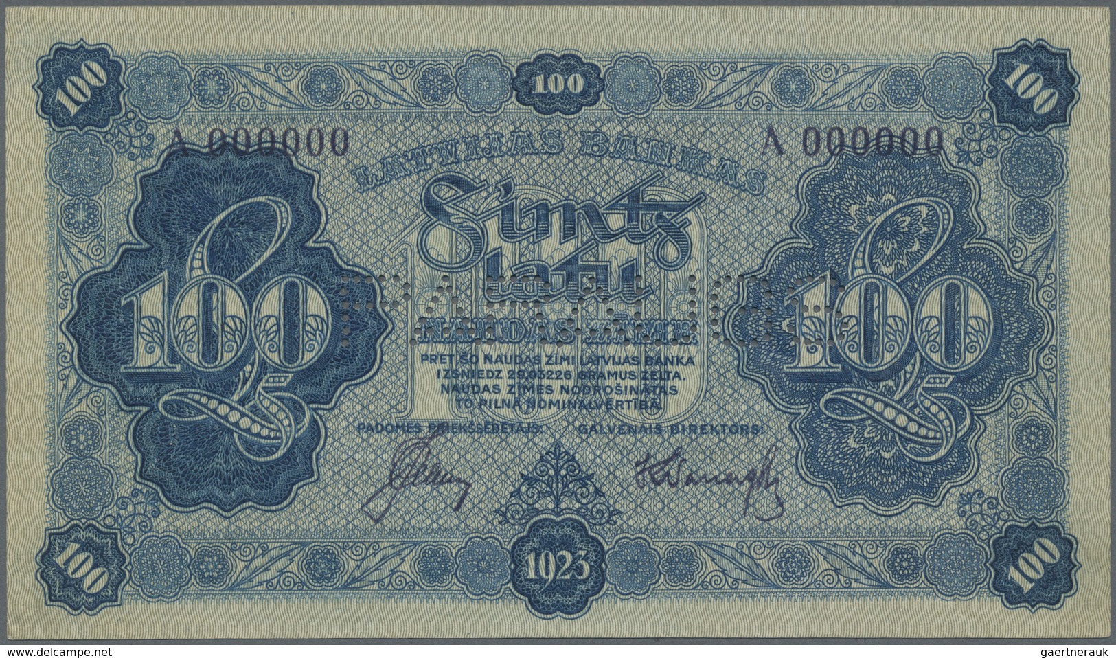 Latvia / Lettland: Rare 100 Latu 1923 SPECIMEN P. 14bs, Series A000000, Sign. Celms, Perforated "PAR - Latvia