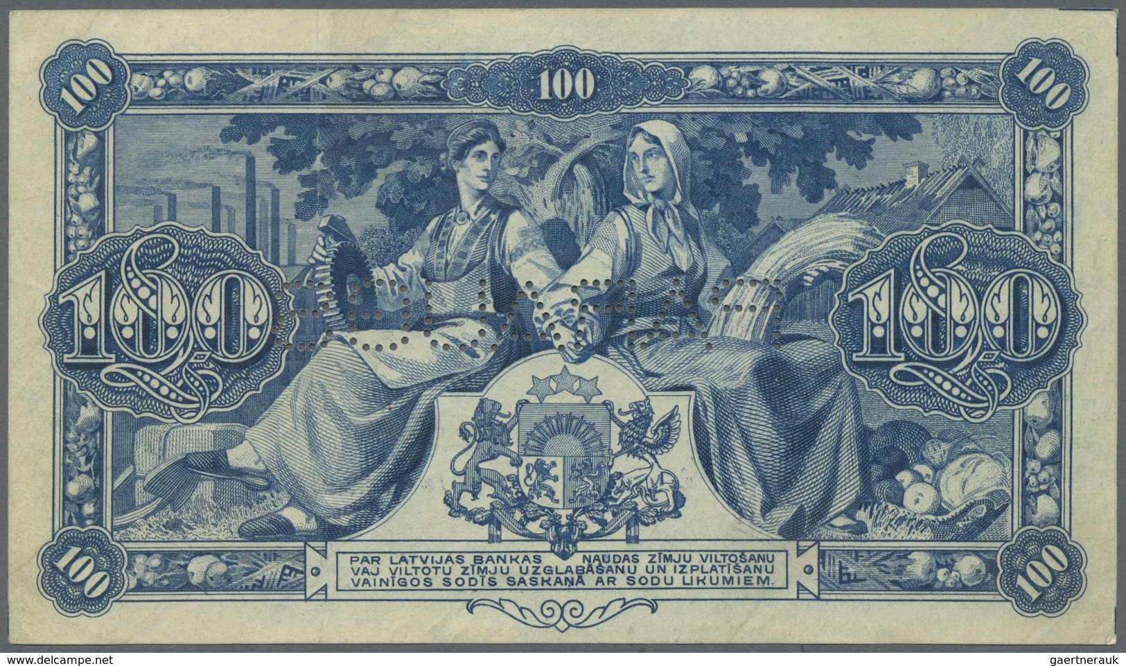 Latvia / Lettland: Rare 100 Latu 1923 SPECIMEN P. 14bs, Series A000000, Sign. Celms, Perforated "PAR - Latvia