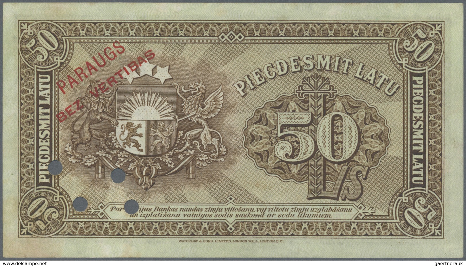 Latvia / Lettland: Highly Rare 50 Latu 1924 SPECIMEN P. 16s, W/o Serial #, Overprinted PARAUGS, 4 Ca - Latvia