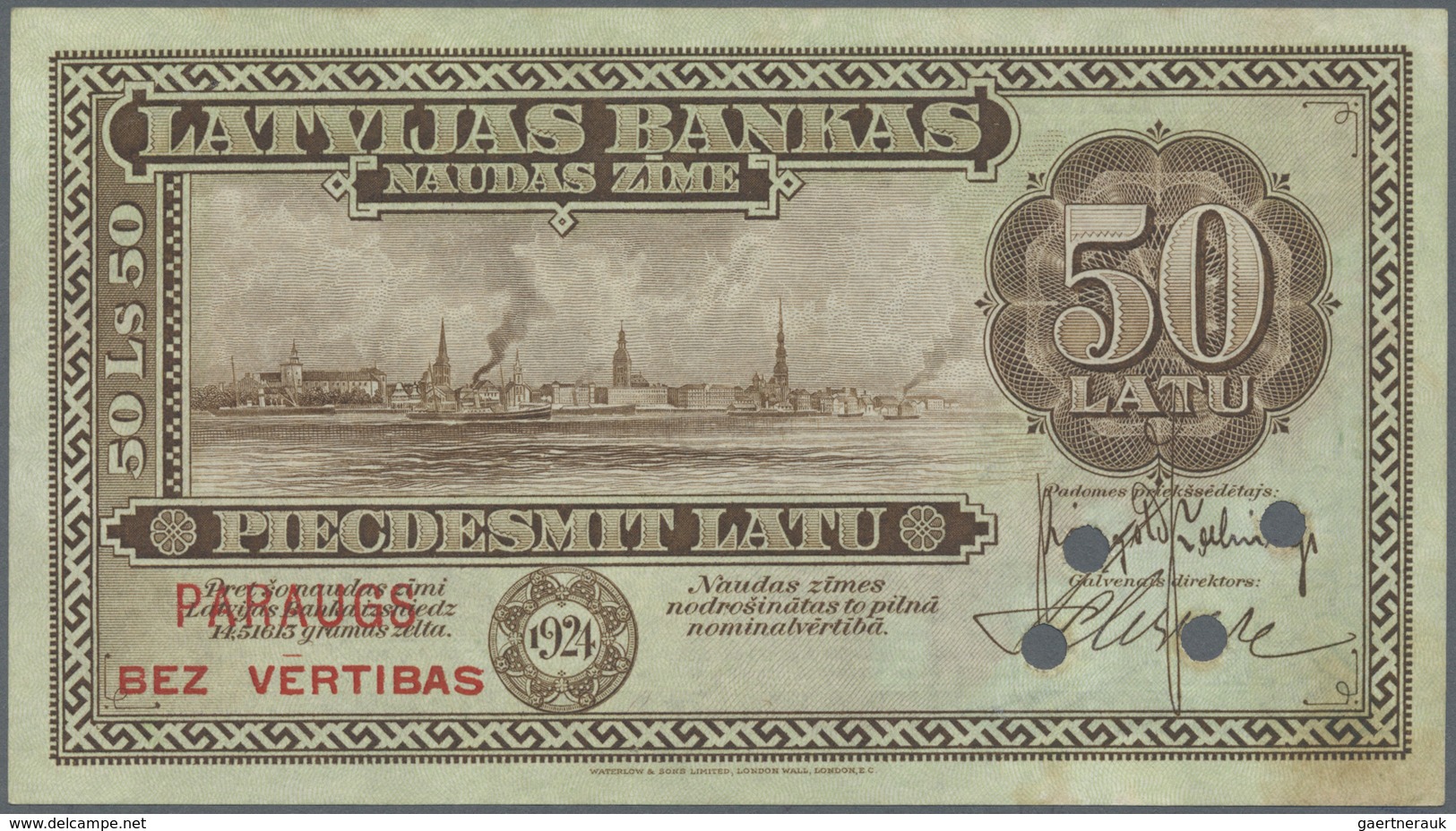 Latvia / Lettland: Highly Rare 50 Latu 1924 SPECIMEN P. 16s, W/o Serial #, Overprinted PARAUGS, 4 Ca - Latvia