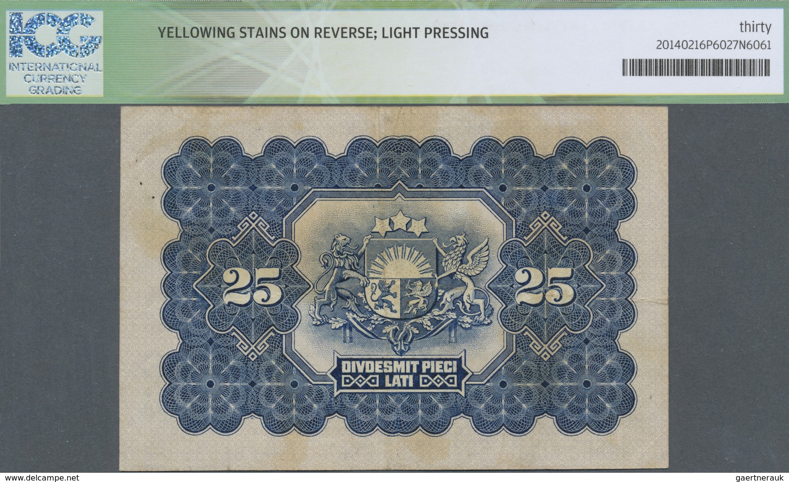 Latvia / Lettland: 25 Lati 1928, P.18, Yellowing Stains On Back And Lightly Pressed, ICG Graded 30 V - Latvia