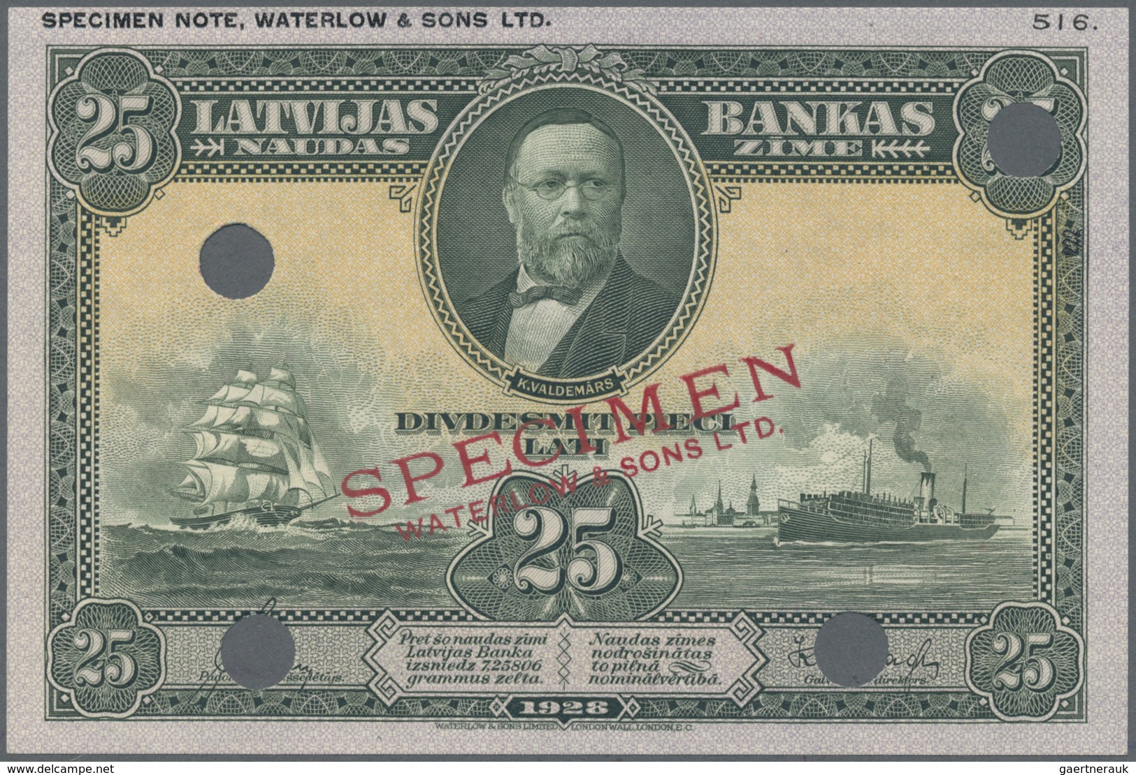 Latvia / Lettland: 25 Latu 1928 SPECIMEN Color Trial In Green, P. 18cts, Ovpt. "Specimen Waterlow & - Latvia