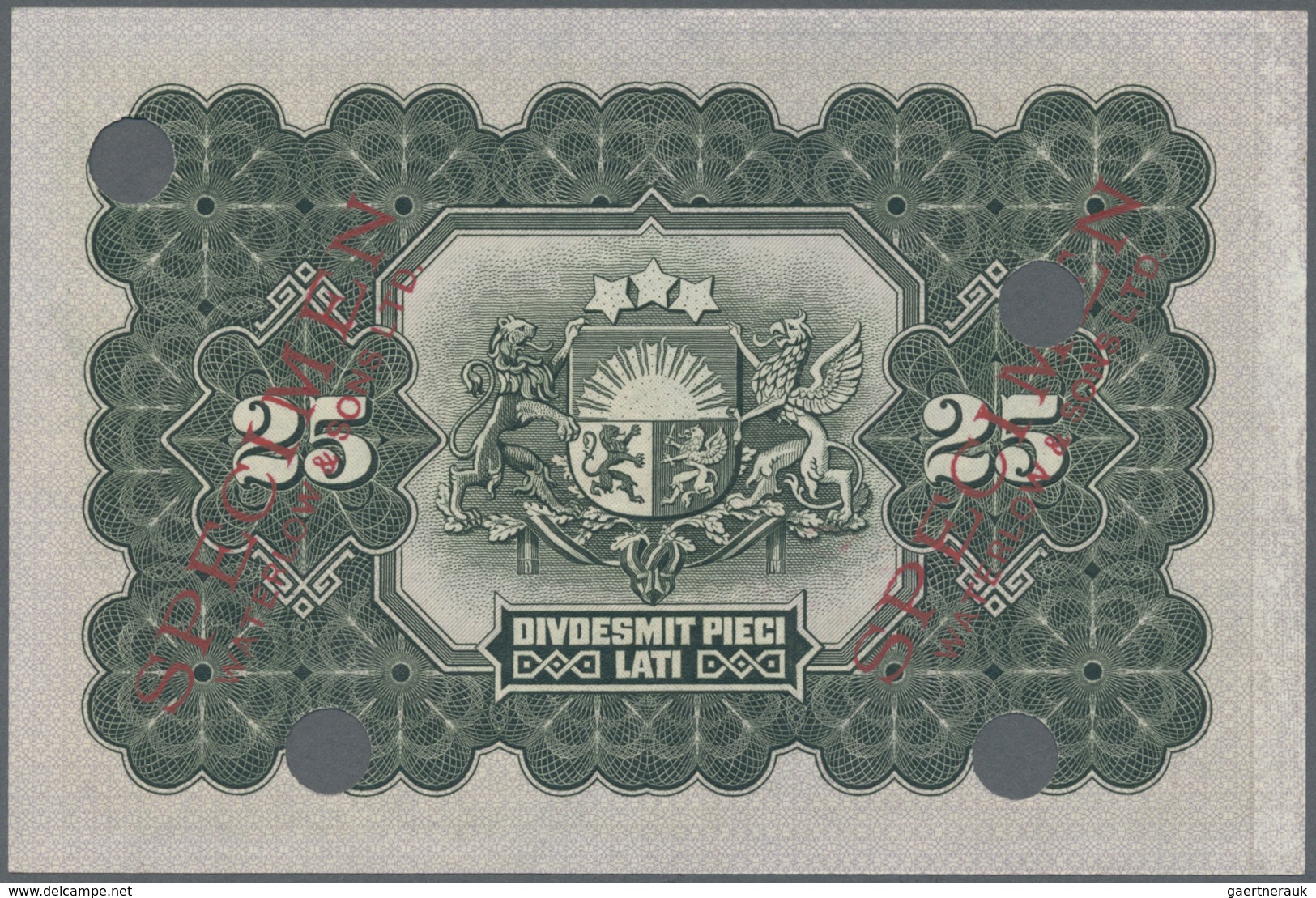 Latvia / Lettland: 25 Latu 1928 SPECIMEN Color Trial In Green, P. 18cts, Ovpt. "Specimen Waterlow & - Latvia