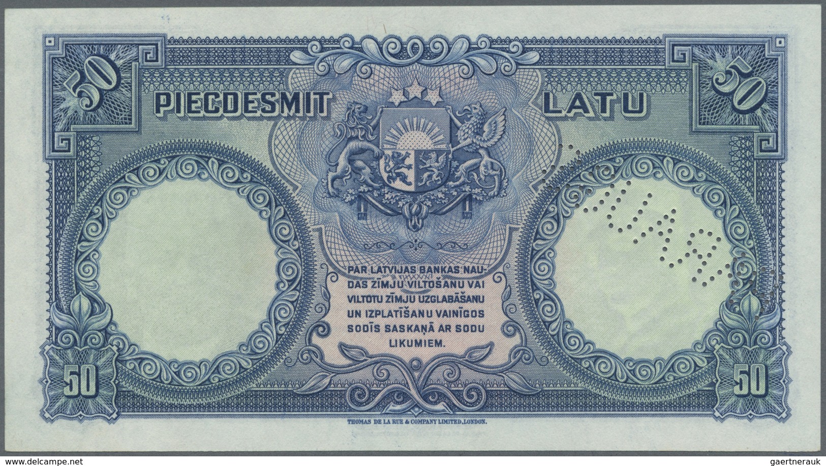 Latvia / Lettland: 50 Latu 1934 SPECIMEN P. 20s, With Zero Serial Numbers, Sign. Klive, Perforation - Latvia