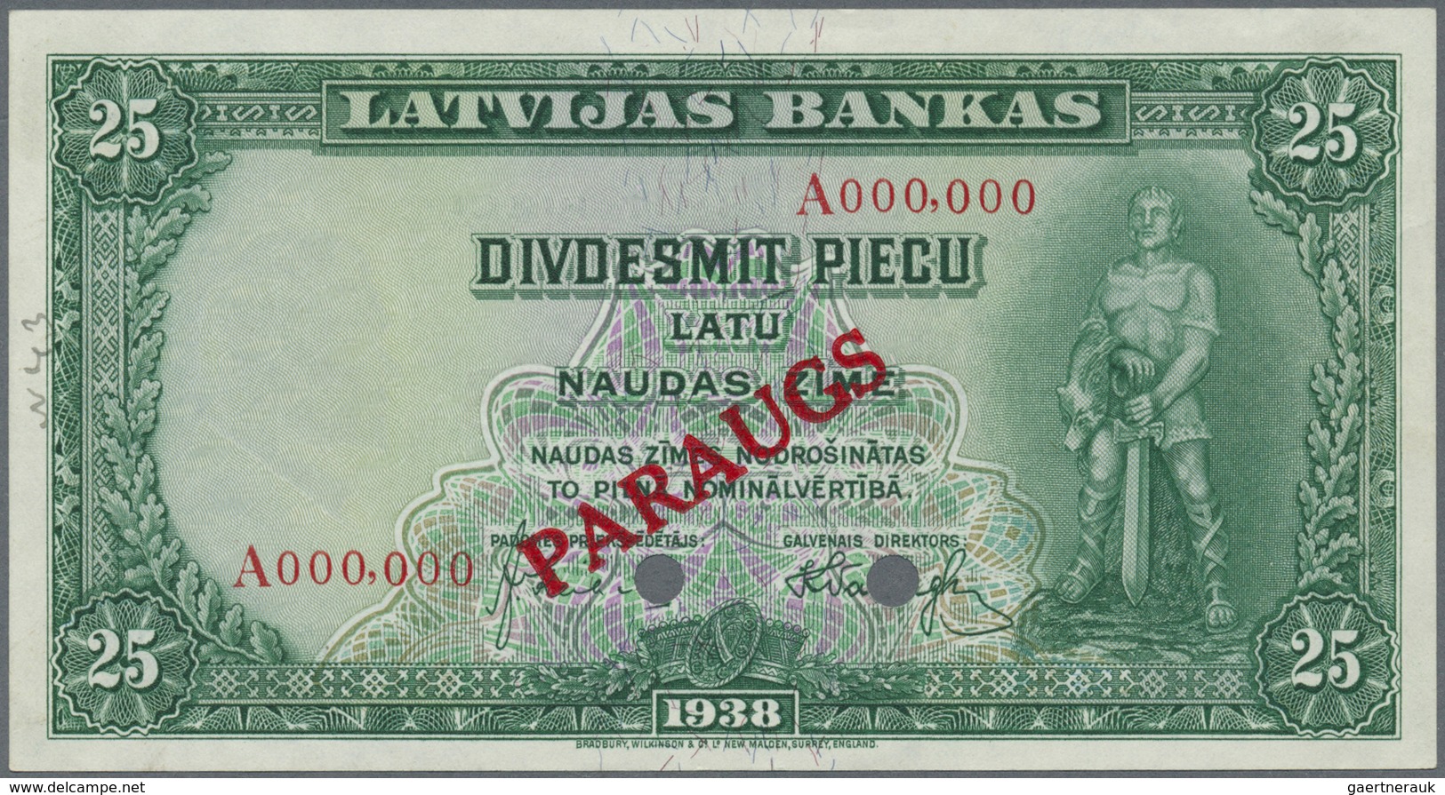 Latvia / Lettland: 25 Latu 1938 SPECIMEN P. 21s, With PARAGUS Overprint, Zero Serial Numbers, Sign. - Latvia