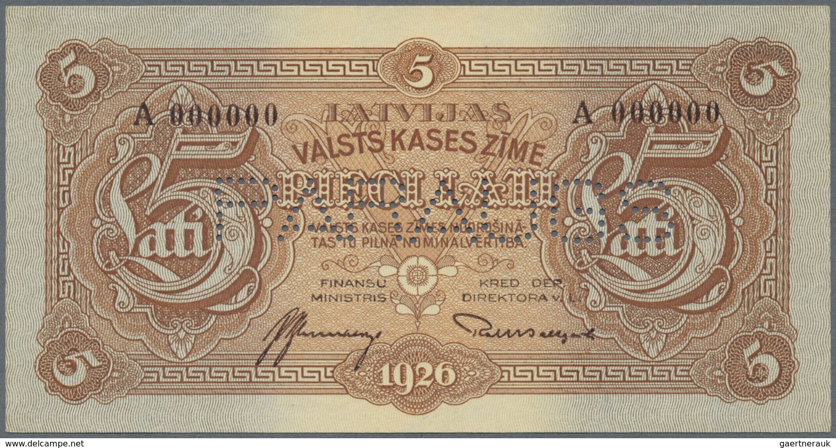 Latvia / Lettland: Very Rare 5 Lati 1926 Front SPECIMEN P. 23as, Uniface Print, Series A, Zero Seria - Latvia