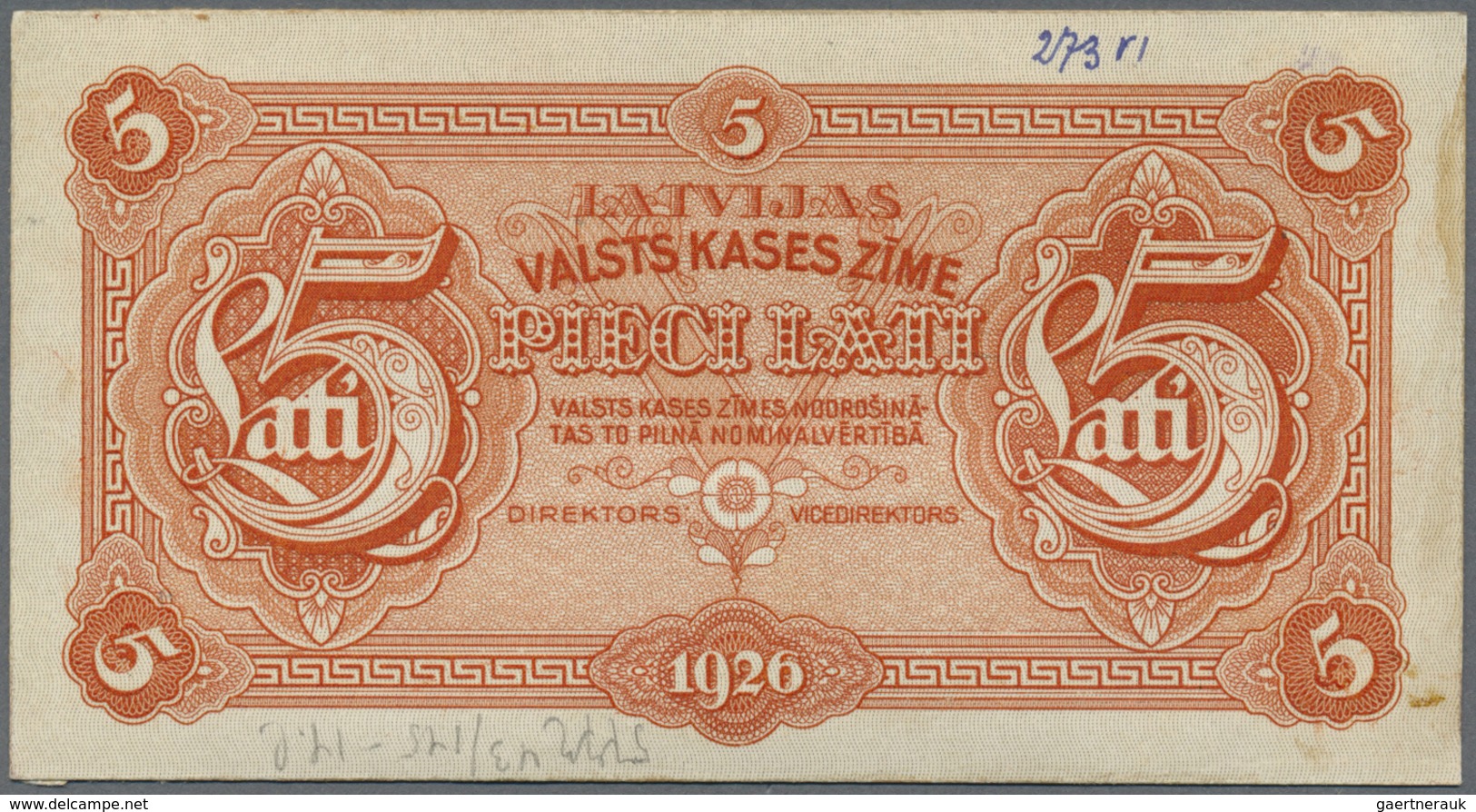 Latvia / Lettland: Very Rare 5 Lati 1926 Front Proof Uniface Print P. 23p, Without Serial #, W/o Sig - Latvia