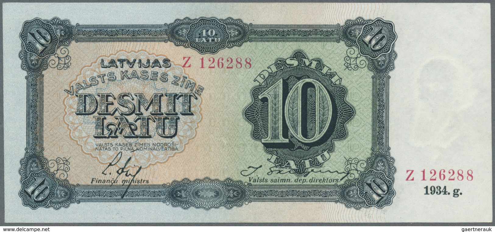 Latvia / Lettland: 10 Latu 1934 P. 25e, Issued Note, Series Z, Sign. Ekis, Light Center Fold, Otherw - Latvia