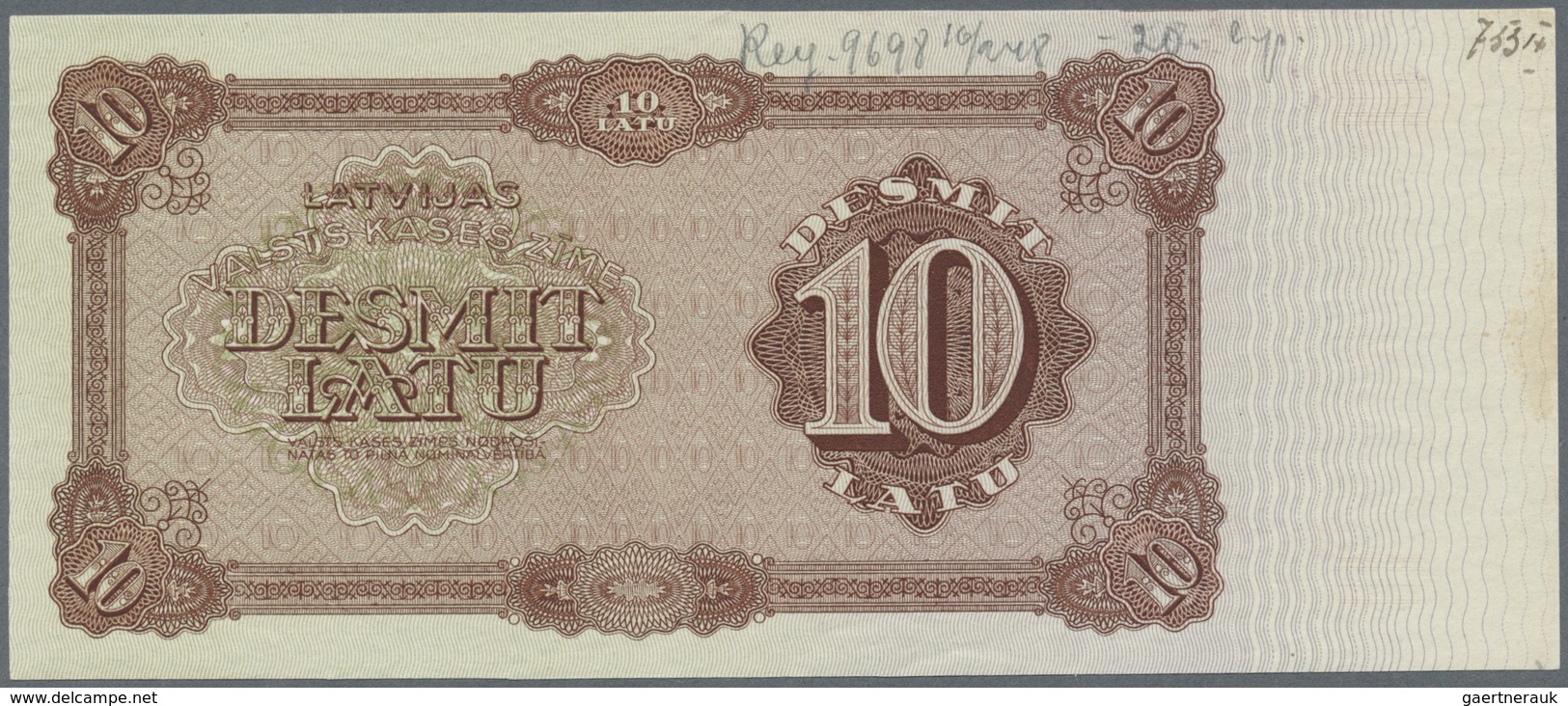 Latvia / Lettland: 10 Latu 1933-34 P. 25p, Uniface Front PROOF Print On Unwatermarked Paper In Brown - Latvia