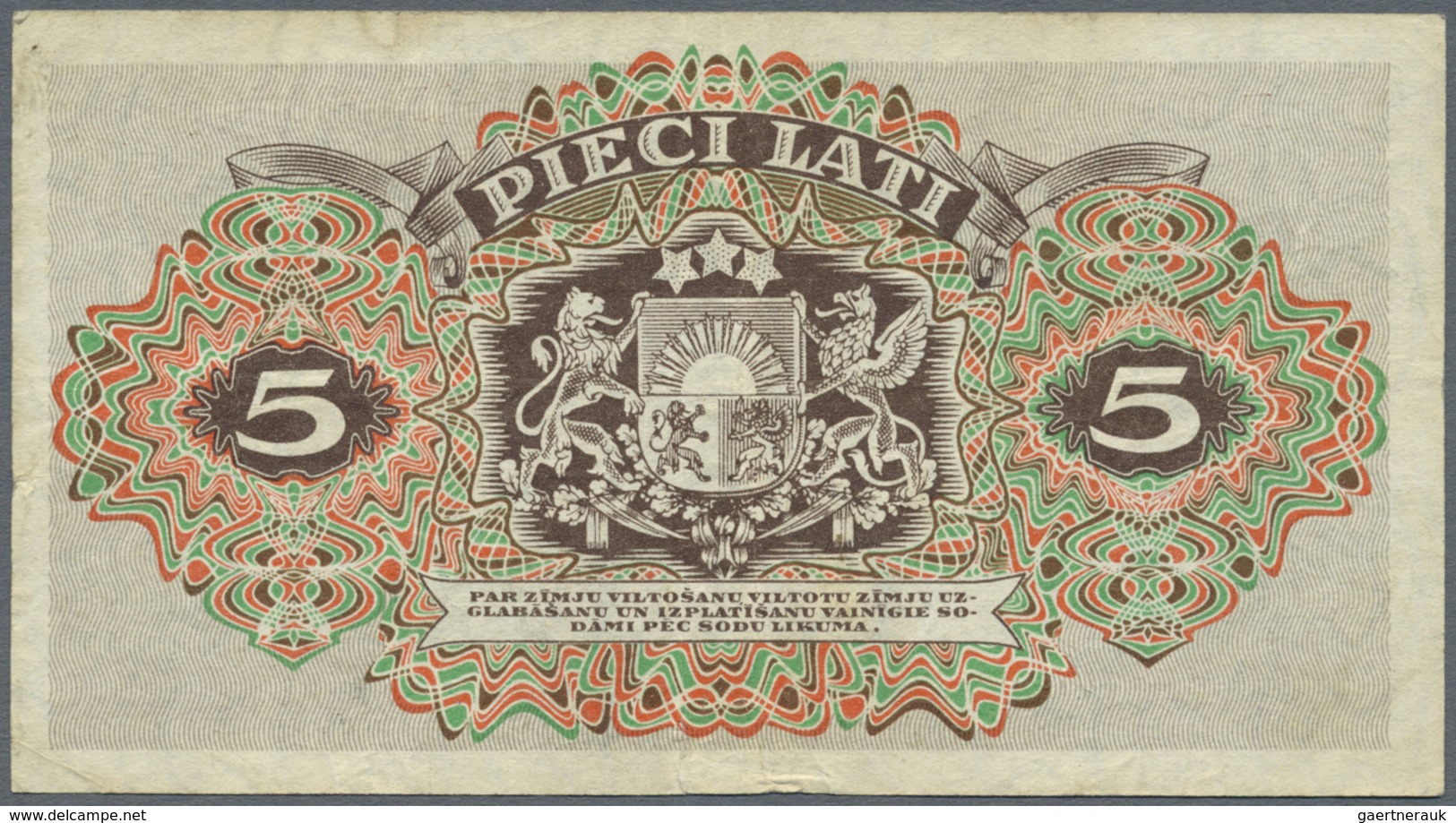 Latvia / Lettland: 5 Lati 1940 P. 34c, Used With Several Folds, A 4mm Tear At Lower Border, No Holes - Latvia