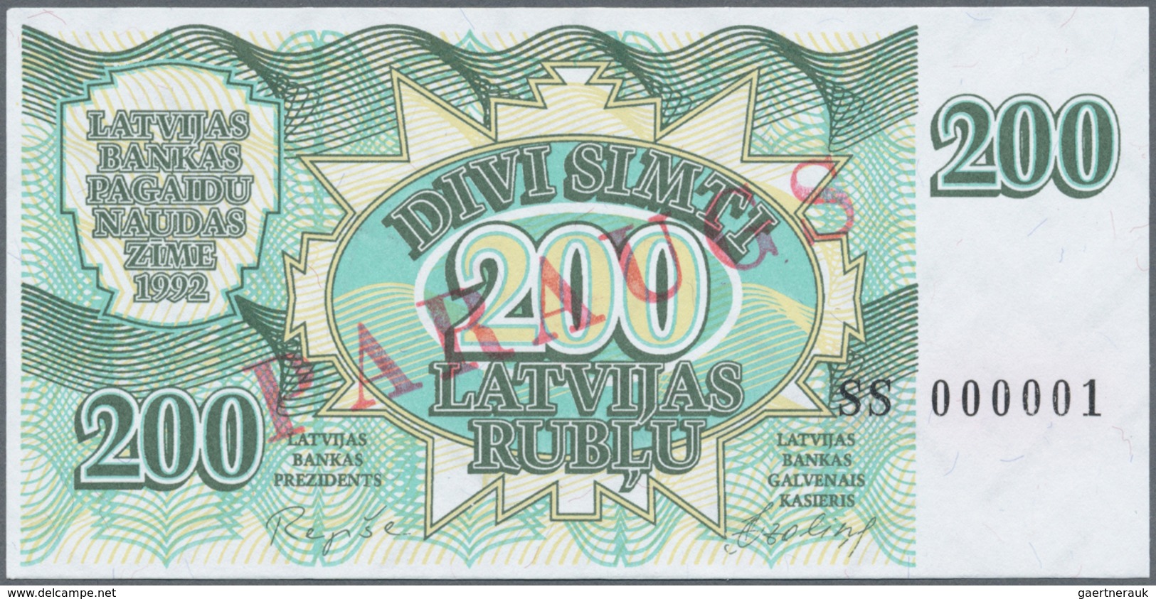 Latvia / Lettland: 200 Rublu 1992 SPECIMEN P. 41s, Series "SS", Serial 000001, Sign. Repse, Ovpt. Pa - Latvia