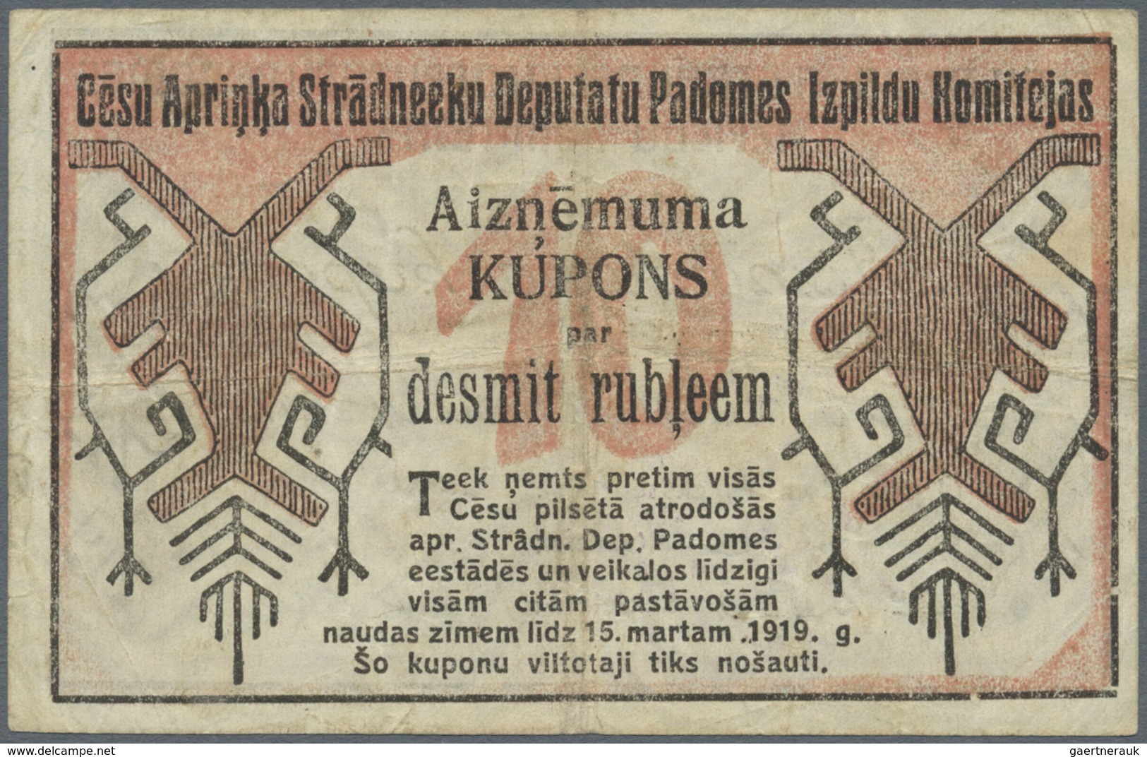 Latvia / Lettland: Cesis 10 Rubles 1919 R# 14790, Used With Center And Horizontal Fold, Light Staini - Latvia
