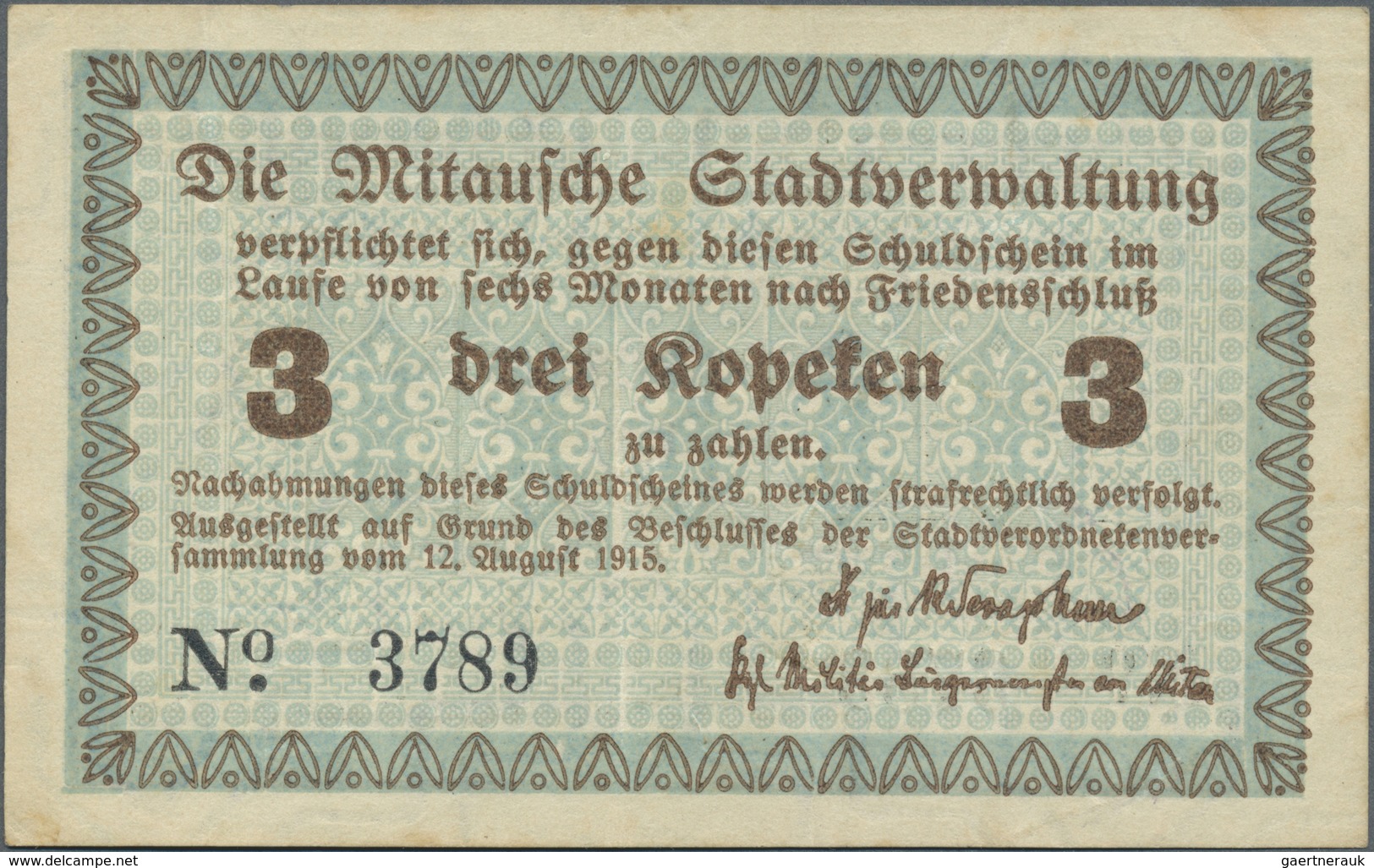 Latvia / Lettland: Mitau 3 Kopeken 1915 Plb. 9a In Condition: AUNC. - Latvia