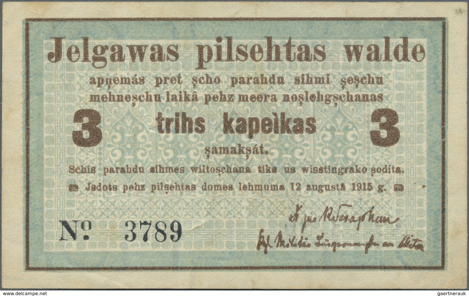 Latvia / Lettland: Mitau 3 Kopeken 1915 Plb. 9a In Condition: AUNC. - Latvia