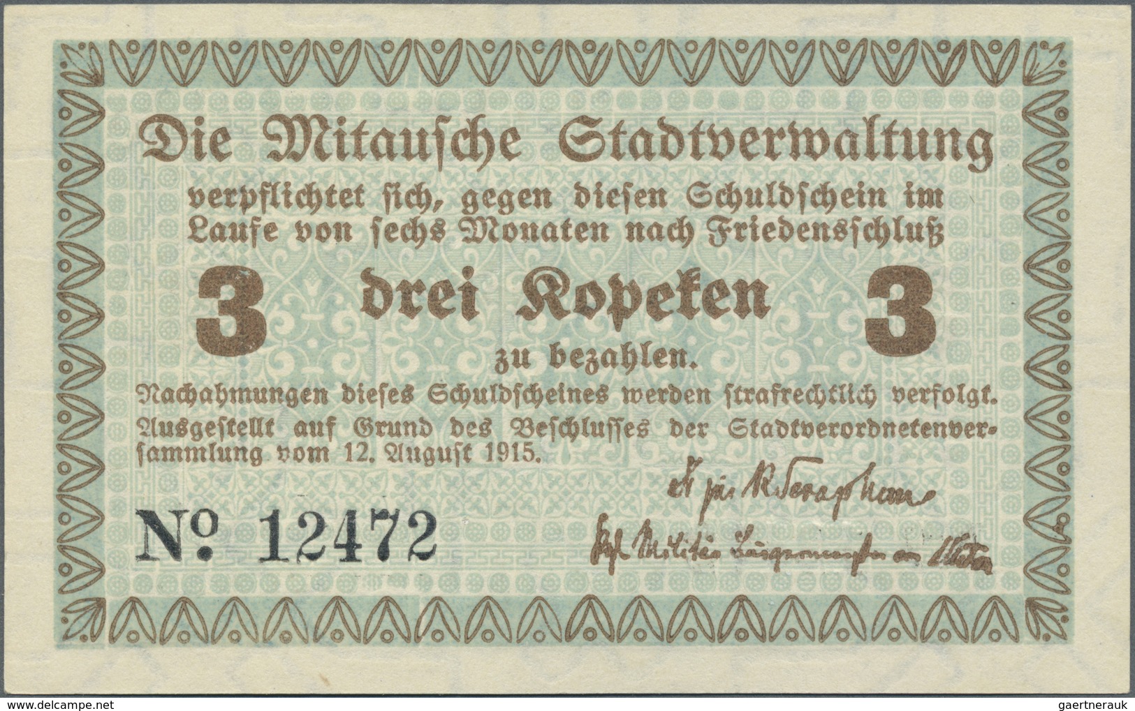 Latvia / Lettland: Mitau 3 Kopeken 1915 Plb. 9b In Condition: UNC. - Latvia