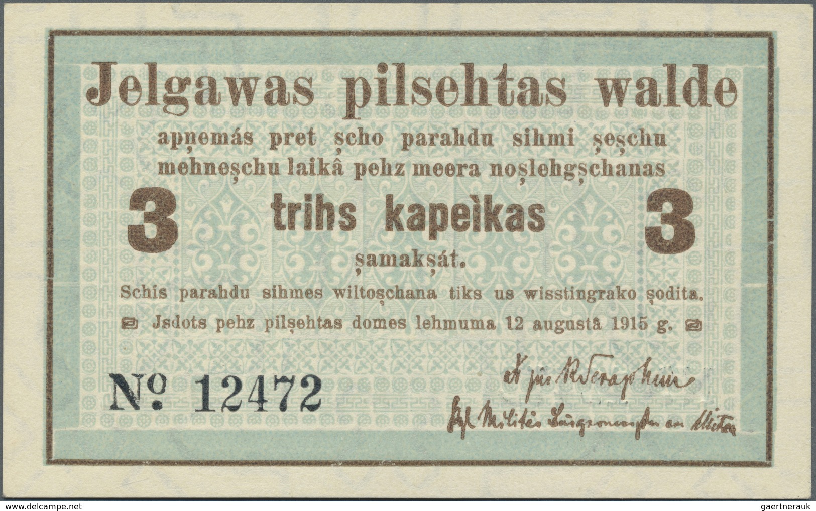 Latvia / Lettland: Mitau 3 Kopeken 1915 Plb. 9b In Condition: UNC. - Latvia