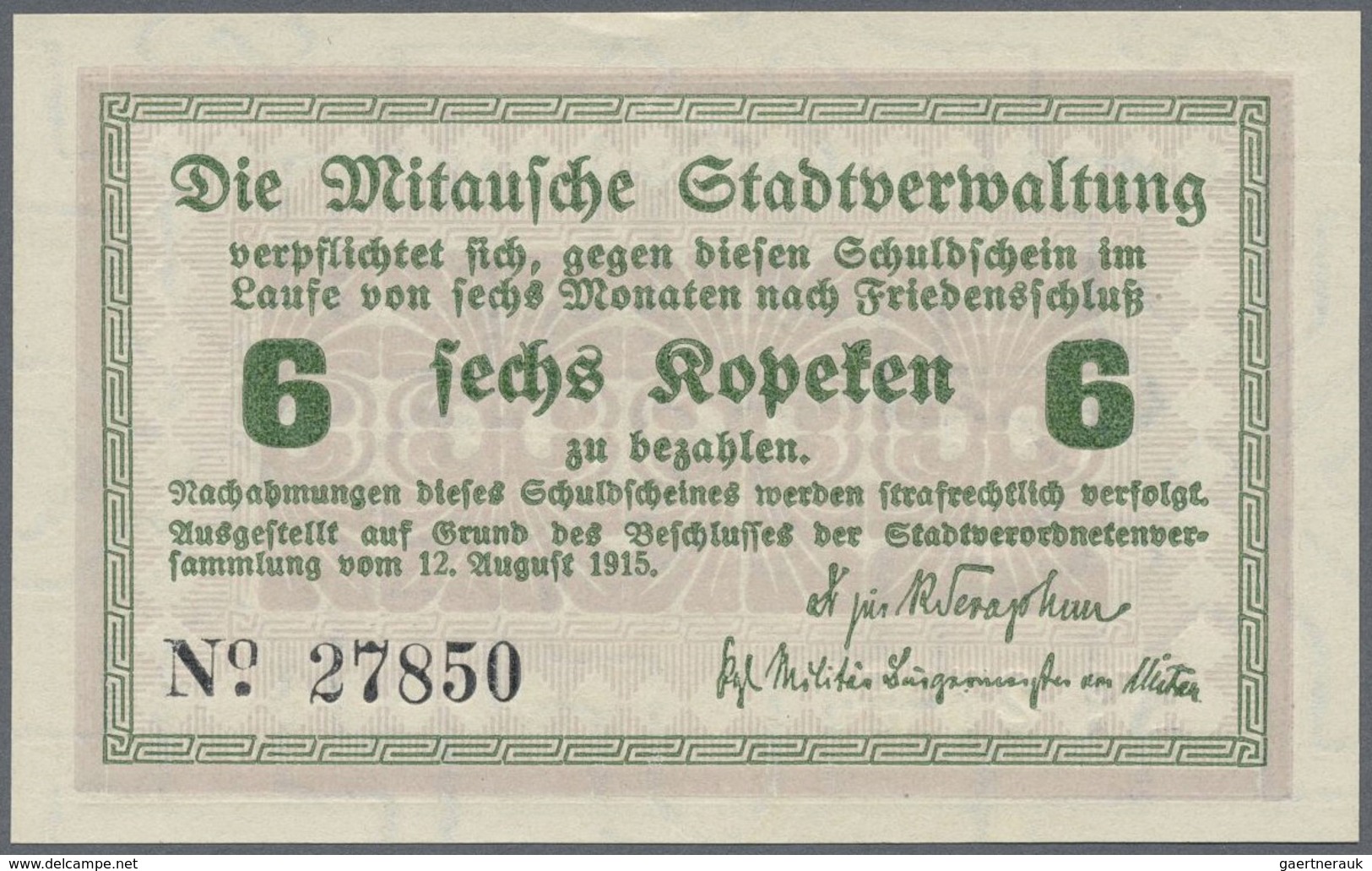 Latvia / Lettland: Mitau City Government 6 Kopeks 1915, Pick NL (PLATBARZDIS #10b) With Text "zu Bez - Latvia