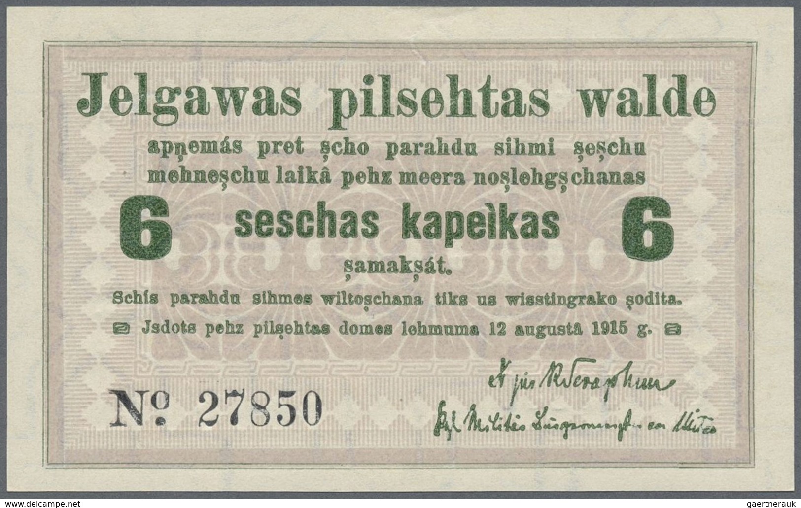 Latvia / Lettland: Mitau City Government 6 Kopeks 1915, Pick NL (PLATBARZDIS #10b) With Text "zu Bez - Latvia