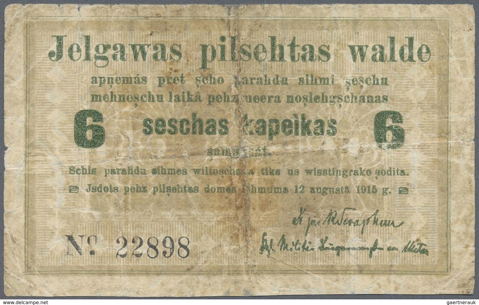 Latvia / Lettland: Mitau City Government 6 Kopeks 1915, Pick NL (PLATBARZDIS #10a) With Text "zu Zah - Latvia