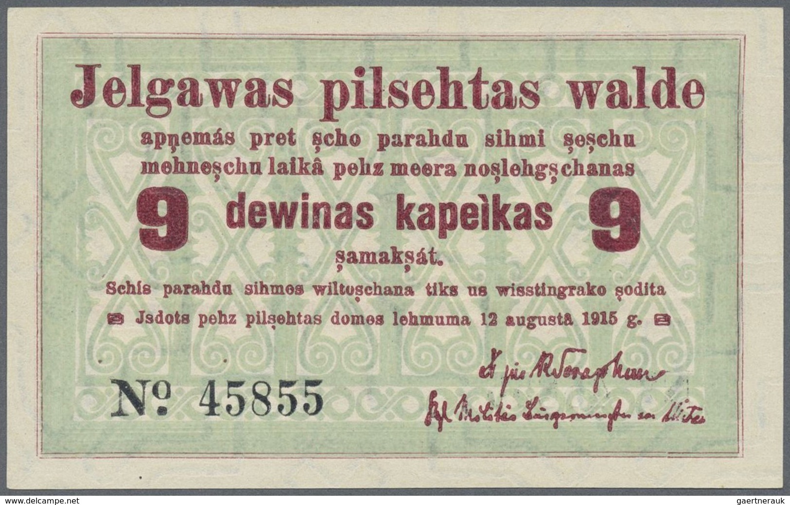 Latvia / Lettland: Mitau City Government 9 Kopeks 1915, Pick NL (PLATBARZDIS #11b) In UNC Condition - Latvia