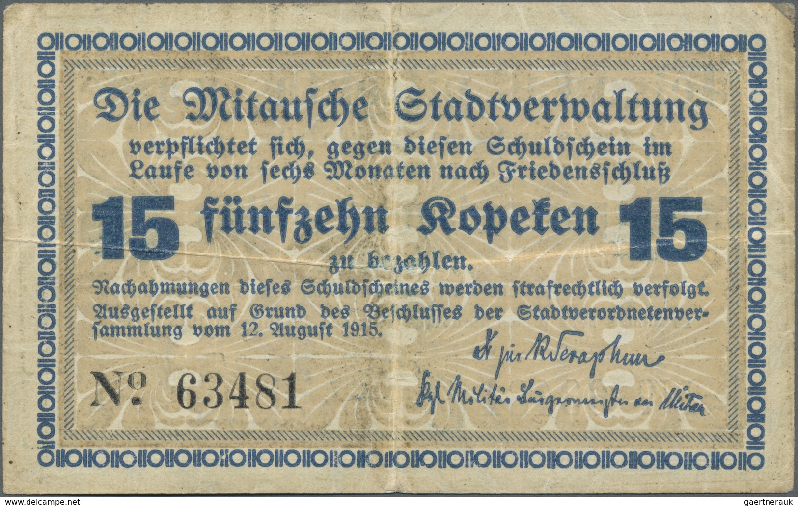 Latvia / Lettland: Mitau 15 Kopeken 1915 Plb. 12d In Used Condition With Several Folds, No Holes Or - Latvia