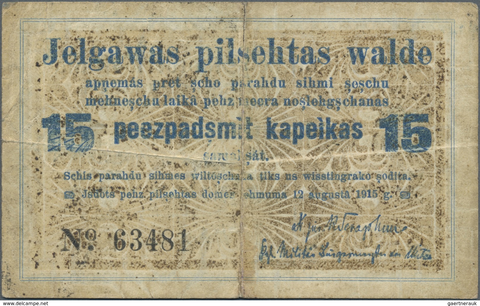 Latvia / Lettland: Mitau 15 Kopeken 1915 Plb. 12d In Used Condition With Several Folds, No Holes Or - Latvia