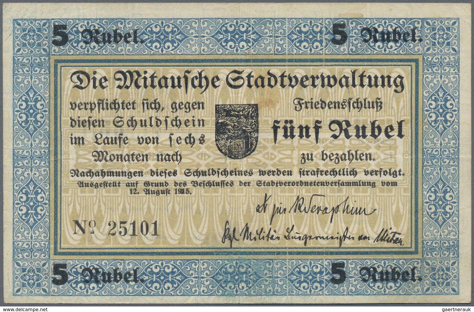 Latvia / Lettland: Mitau City Government 5 Rubles 1915, Pick NL (PLATBARZDIS #16a) With Text "pehz" - Latvia