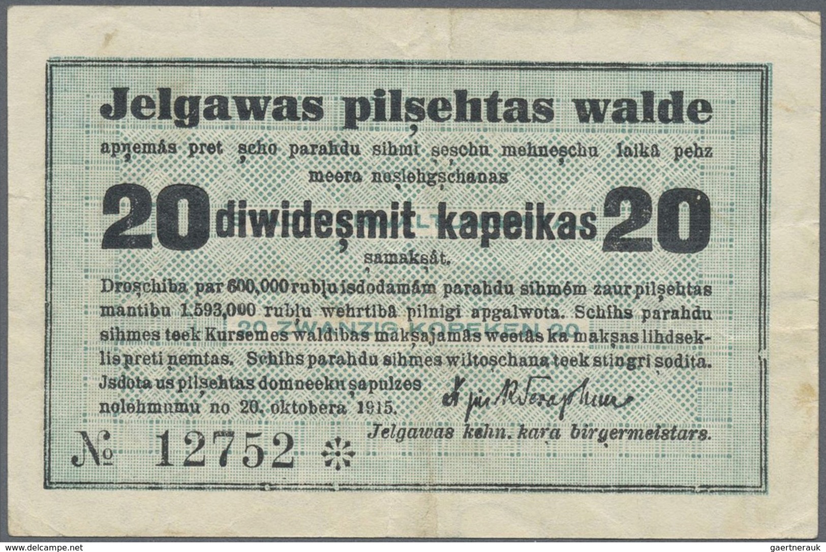 Latvia / Lettland: Mitau City Government 20 Kopeks 1915, Pick NL (PLATBARZDIS #26a), Lightly Toned P - Latvia