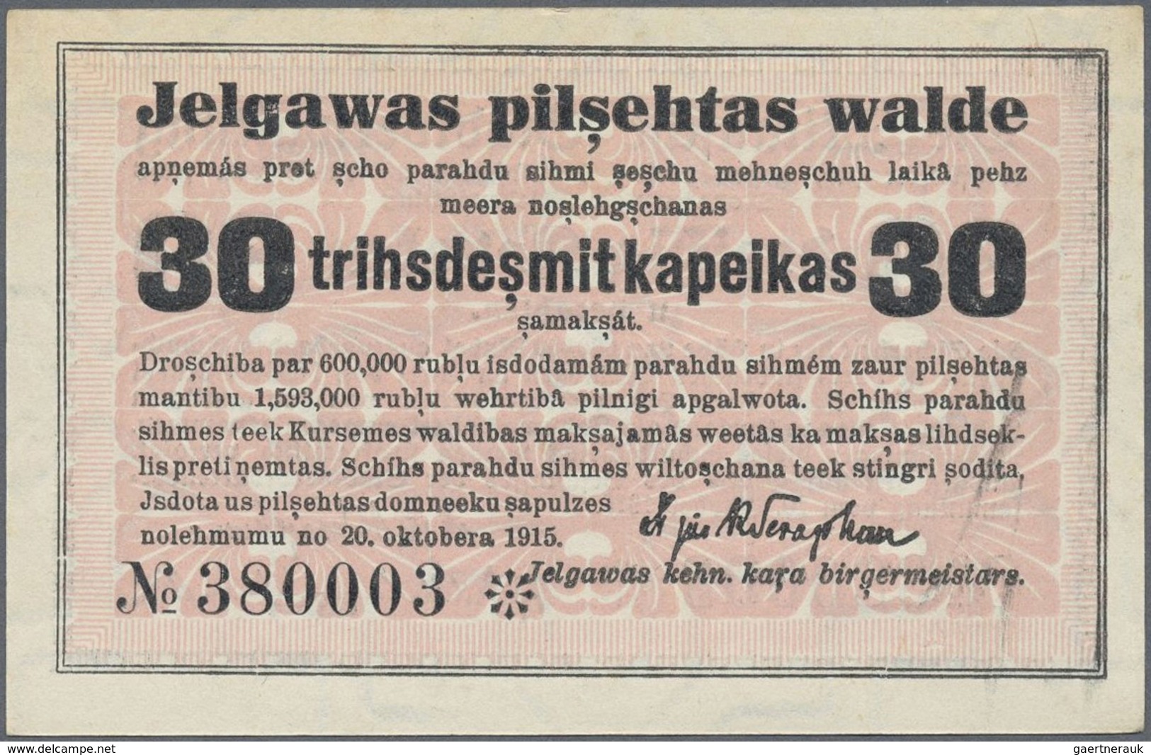 Latvia / Lettland: Mitau City Government 30 Kopeks 1915, Pick NL (PLATBARZDIS #27a), Almost Perfect - Latvia