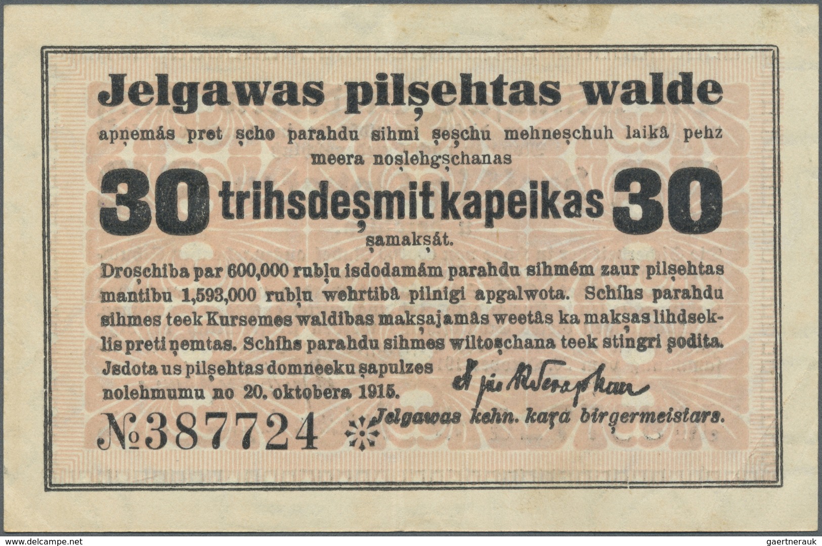 Latvia / Lettland: Mitau 30 Kopeks 1915 Plb. 27b In Condition: VF+. - Latvia