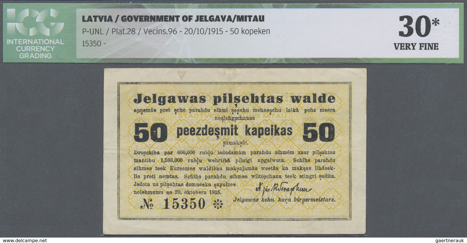 Latvia / Lettland: Mitau City Government 50 Kopeks 1915, Pick NL (PLATBARZDIS #28), Vertically Folde - Latvia