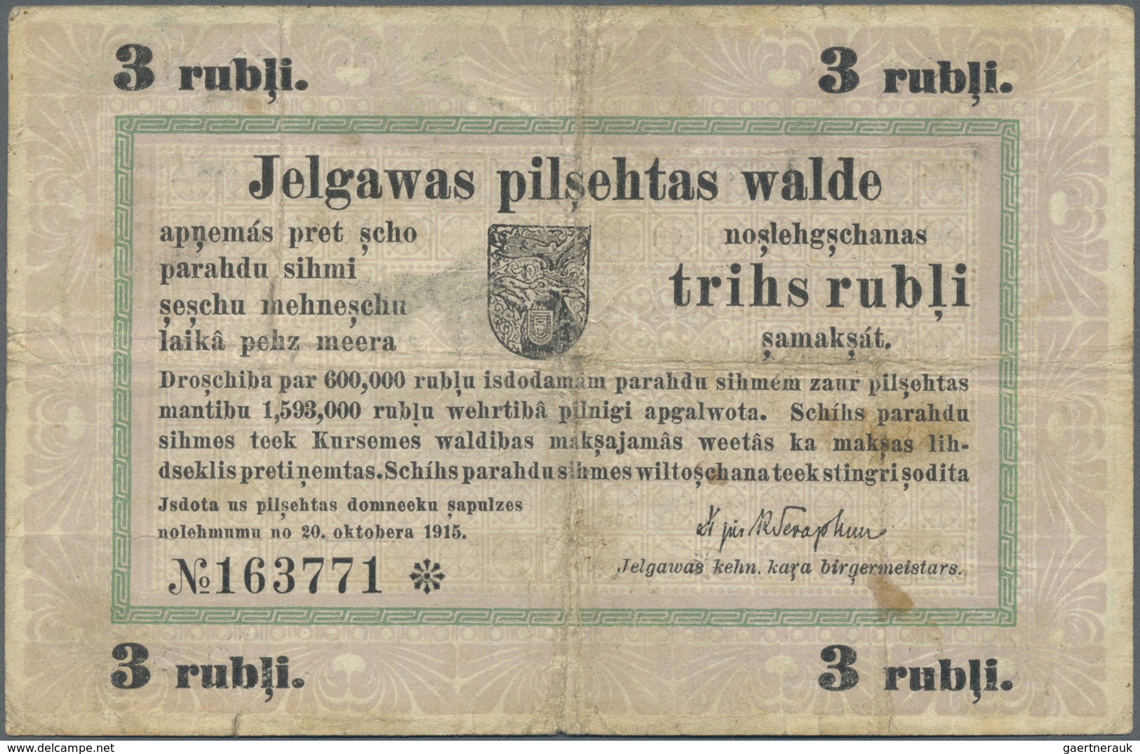 Latvia / Lettland: Mitau 3 Rubles 1915 Plb. 30d, Used With Stronger Folds, Minor Center Hole, No Rep - Latvia