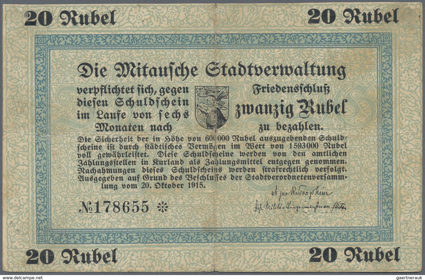 Latvia / Lettland: Mitau City Government 20 Rubles 1915, Pick NL (PLATBARZDIS #32), Highly Rare Note - Latvia