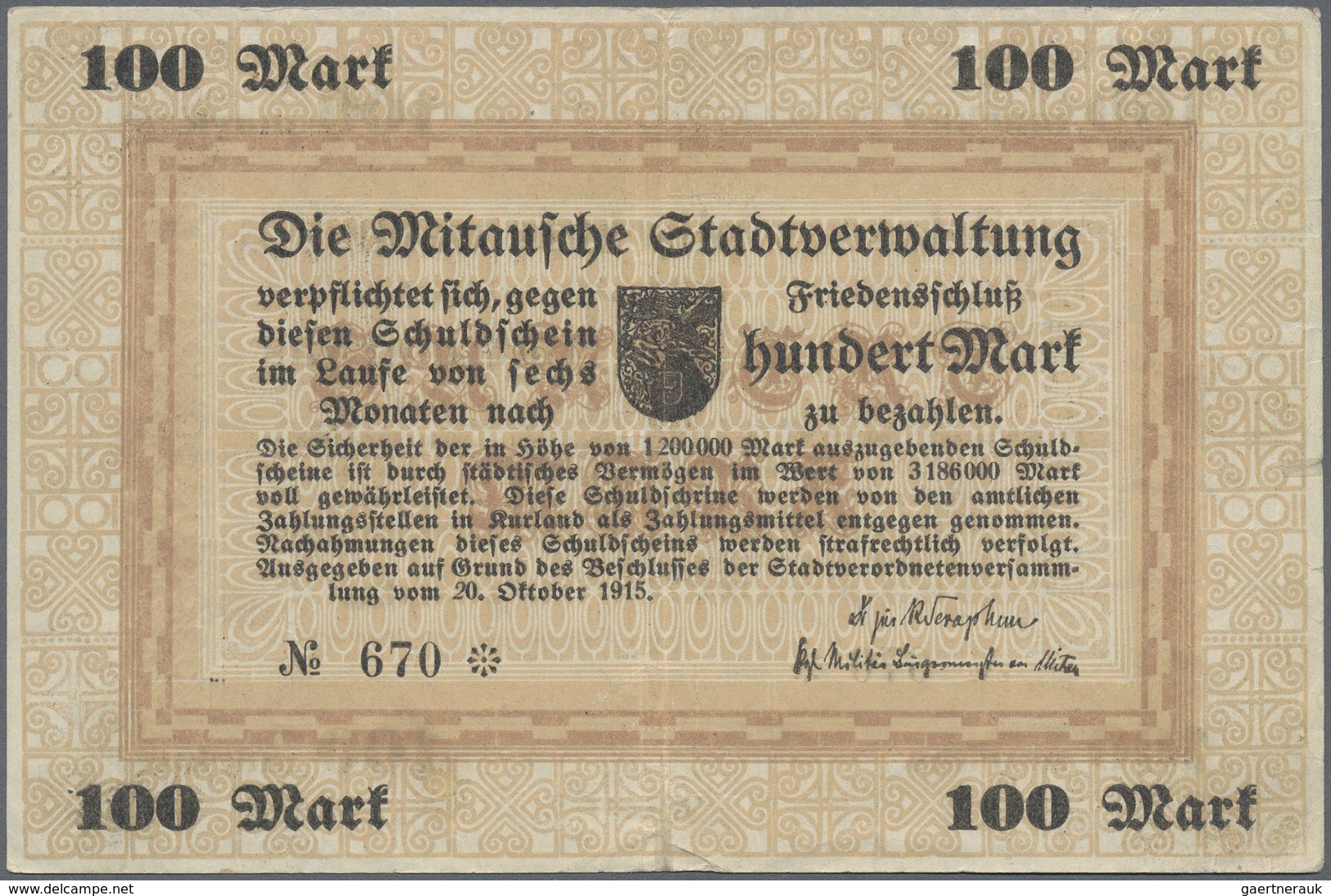 Latvia / Lettland: Mitau City Government 100 Mark 1915, Pick NL (PLATBARZDIS #35), Highly Rare Note - Latvia