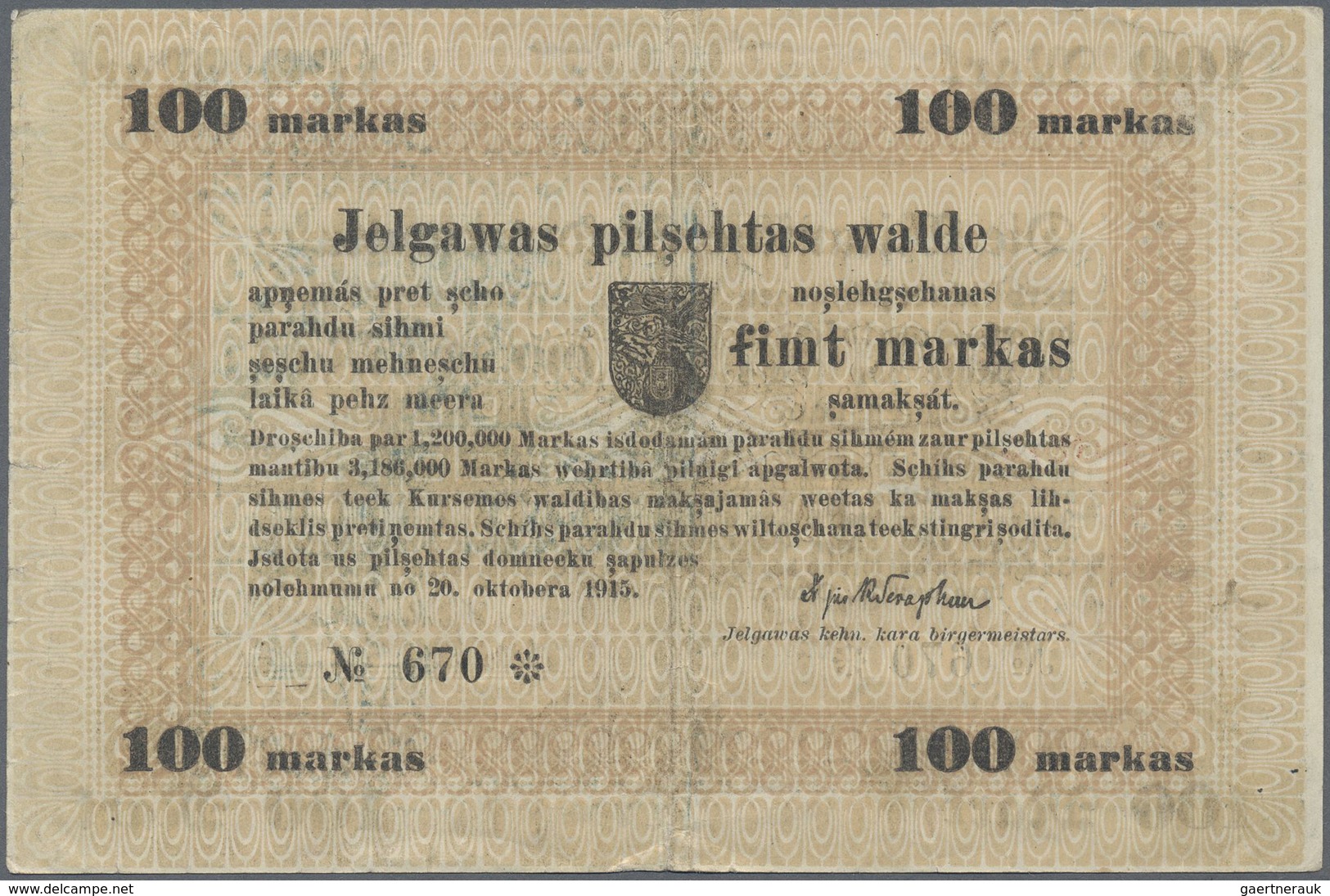 Latvia / Lettland: Mitau City Government 100 Mark 1915, Pick NL (PLATBARZDIS #35), Highly Rare Note - Latvia