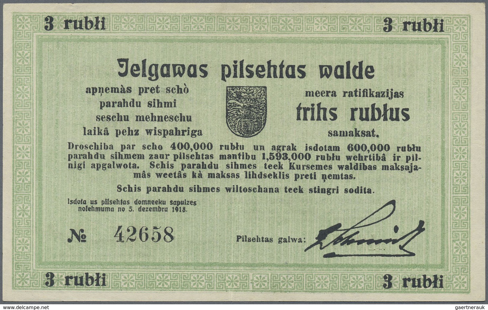 Latvia / Lettland: Mitau City Government 3 Rubles 1918, Pick NL (PLATBARZDIS #36a), Very Soft Vertic - Latvia