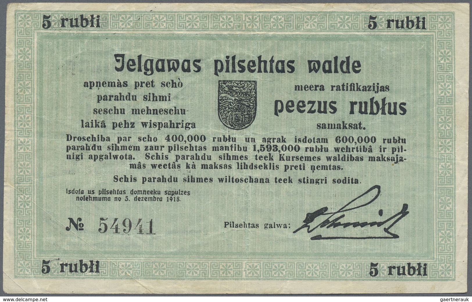 Latvia / Lettland: Mitau City Government 5 Rubles 1918, Pick NL (PLATBARZDIS #37b), Stained Paper Wi - Latvia